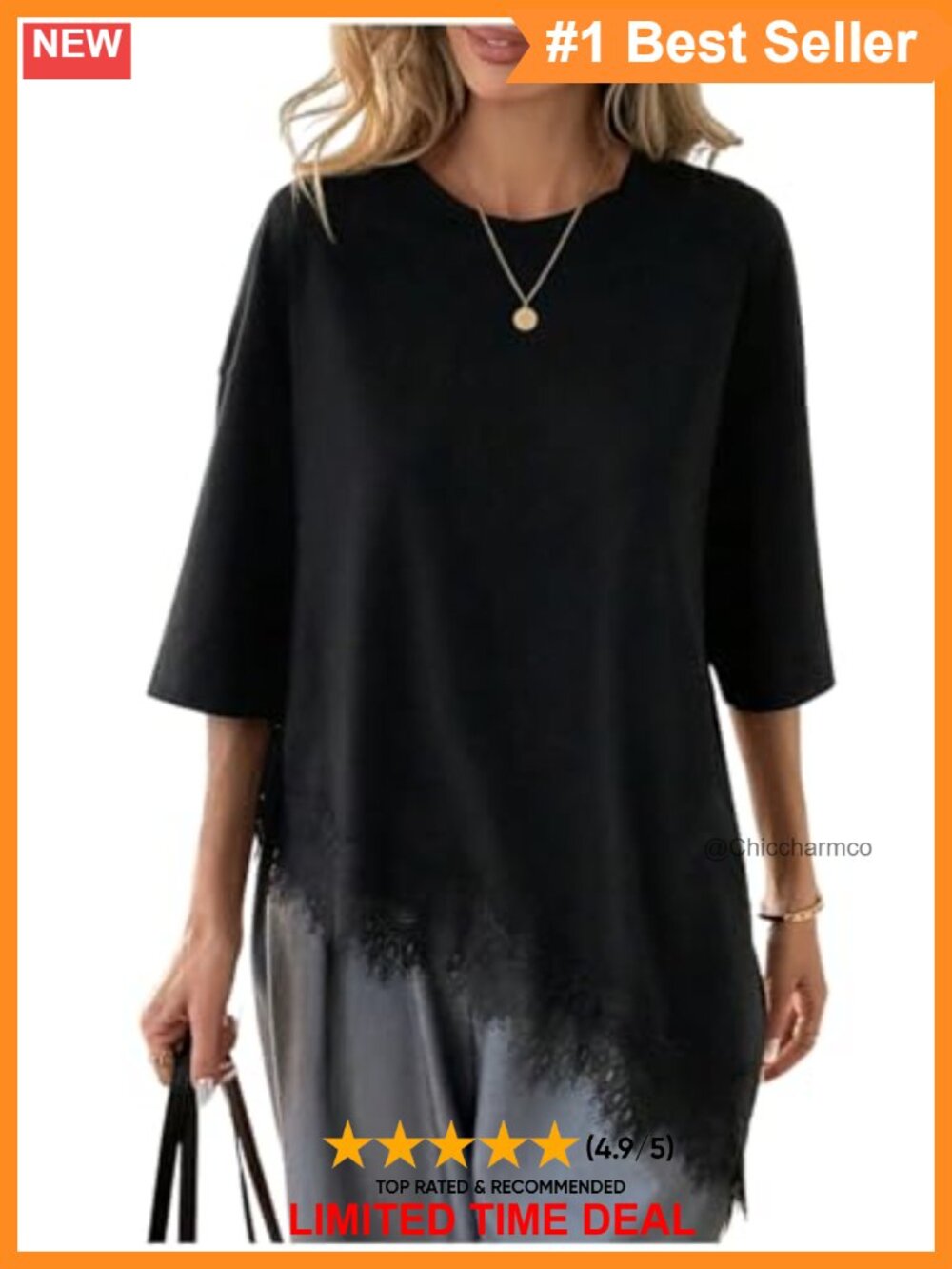 Lace Trim Half Sleeve Asymmetrical Hem T Shirt Oversized Casual Top